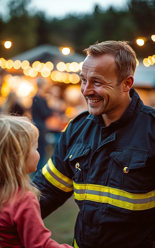 Feuerwehrmann spricht lächelnd mit einem Kind auf Dorffest