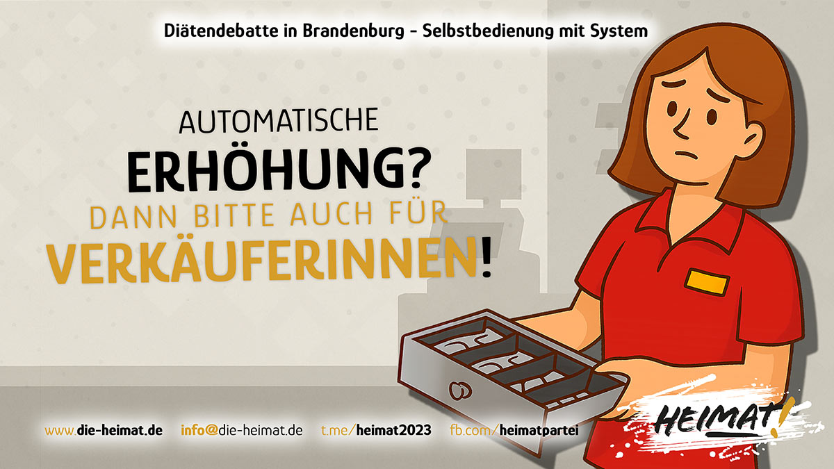 Illustration zur Kritik an der automatischen Diätenerhöhung in Brandenburg – HEIMAT fordert Gleichbehandlung für Verkäuferinnen.