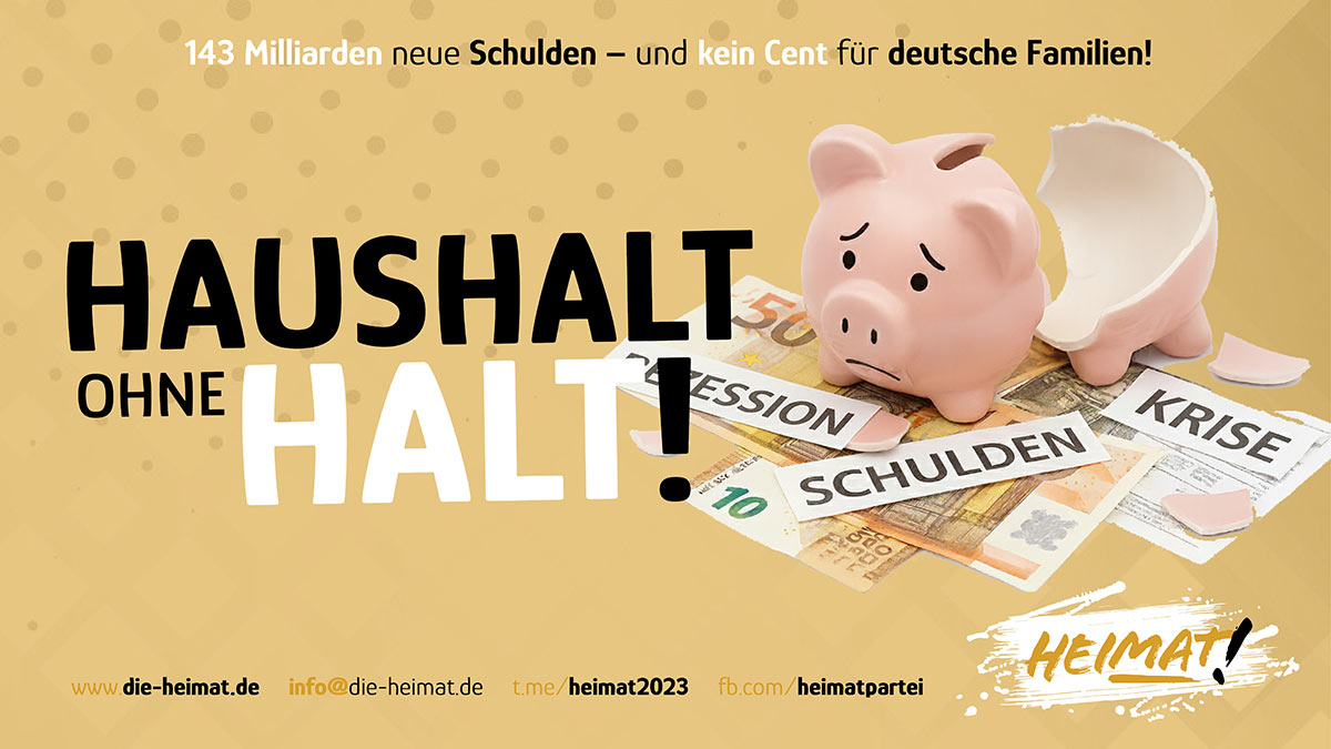Zerbrochenes rosa Sparschwein mit herausfallenden Euro-Banknoten und dem Schriftzug „SCHULDEN“ – Symbolbild für die ausufernde Verschuldung im Bundeshaushalt 2025.