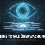 Visualisierung der Chatkontrolle – leuchtendes digitales Auge über einem Smartphone. Text: „Keine totale Überwachung! Stoppt die Chatkontrolle!“ Kampagnenmotiv der Partei HEIMAT gegen Überwachung und für digitale Freiheit.