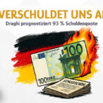 Mario Draghi warnt: EU-Verschuldung steigt auf 93 Prozent des BIP, brennender Euroschein und Schuldscheine vor deutscher Flagge