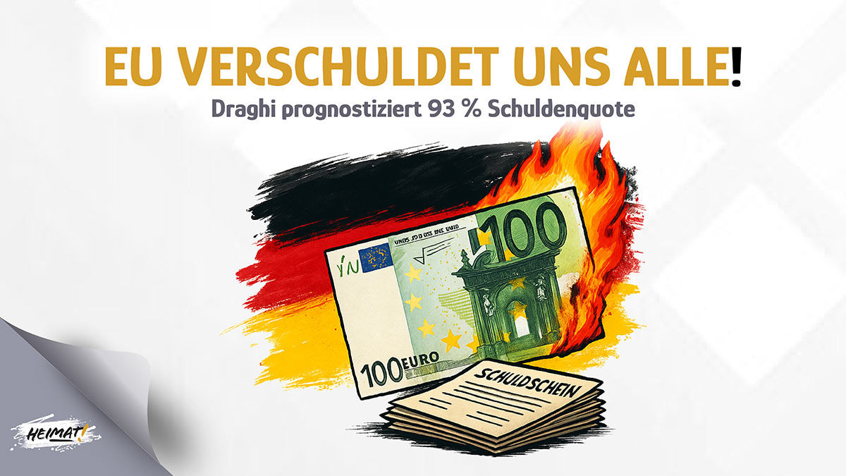 Mario Draghi warnt: EU-Verschuldung steigt auf 93 Prozent des BIP, brennender Euroschein und Schuldscheine vor deutscher Flagge
