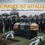 Politiker stehen bei Beerdigung der CDU um einen Sarg mit CDU-Logo, Titel „Die Maske ist gefallen – Jetzt sieht jeder, wie links die CDU wirklich ist“, Symbolbild für den Linksruck der Union.