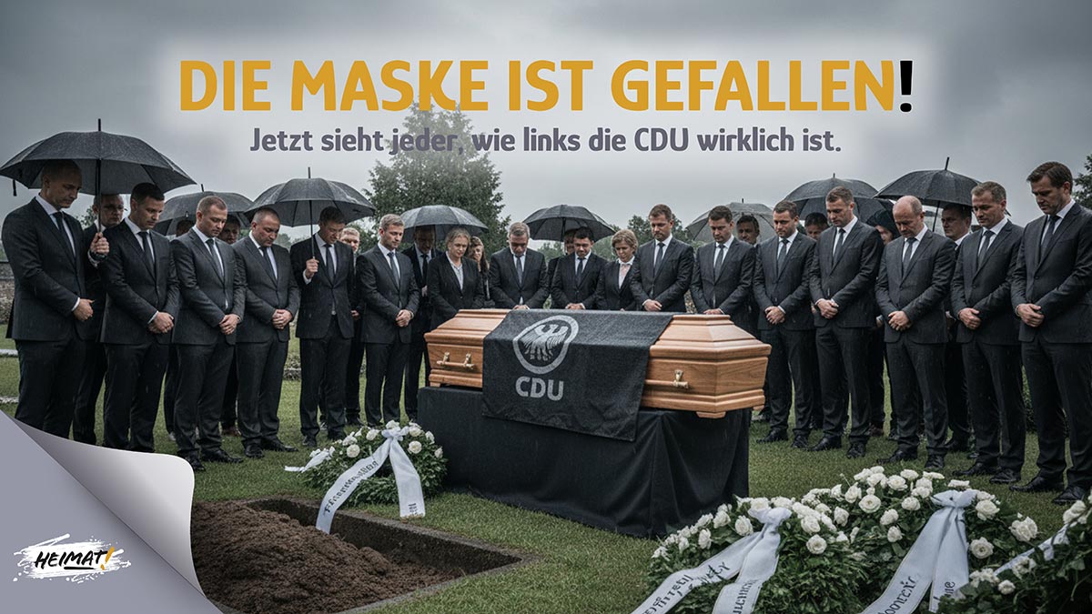 Politiker stehen bei Beerdigung der CDU um einen Sarg mit CDU-Logo, Titel „Die Maske ist gefallen – Jetzt sieht jeder, wie links die CDU wirklich ist“, Symbolbild für den Linksruck der Union.