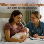 Junge Mutter mit Neugeborenem wird von einer Hebamme im Krankenhaus liebevoll betreut – Symbolbild für Willkommenskultur und Geburtskultur in Deutschland