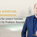 Klaus Beier (HEIMAT Brandenburg) vor dem Hintergrund einer Thermen-Silhouette. Text über Messerangriffe, Belästigung und die Forderung nach Sicherheit für Familien.