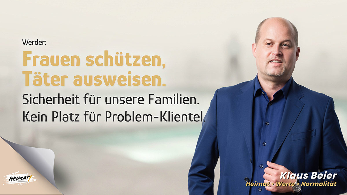 Klaus Beier (HEIMAT Brandenburg) vor dem Hintergrund einer Thermen-Silhouette. Text über Messerangriffe, Belästigung und die Forderung nach Sicherheit für Familien.
