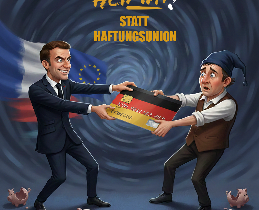 Politische Karikatur zur EU-Haftungsunion: Macron greift nach der deutschen Kreditkarte des deutschen Michels als Symbol für die drohende Schuldenlast durch Eurobonds und die Gefahr für deutsche Ersparnisse (KI-generiert durch Gemini, bearbeitet).