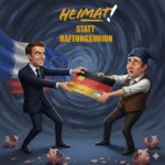 Politische Karikatur zur EU-Haftungsunion: Macron greift nach der deutschen Kreditkarte des deutschen Michels als Symbol für die drohende Schuldenlast durch Eurobonds und die Gefahr für deutsche Ersparnisse (KI-generiert durch Gemini, bearbeitet).