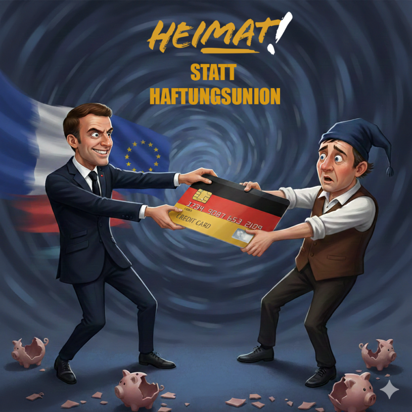 Politische Karikatur zur EU-Haftungsunion: Macron greift nach der deutschen Kreditkarte des deutschen Michels als Symbol für die drohende Schuldenlast durch Eurobonds und die Gefahr für deutsche Ersparnisse (KI-generiert durch Gemini, bearbeitet).