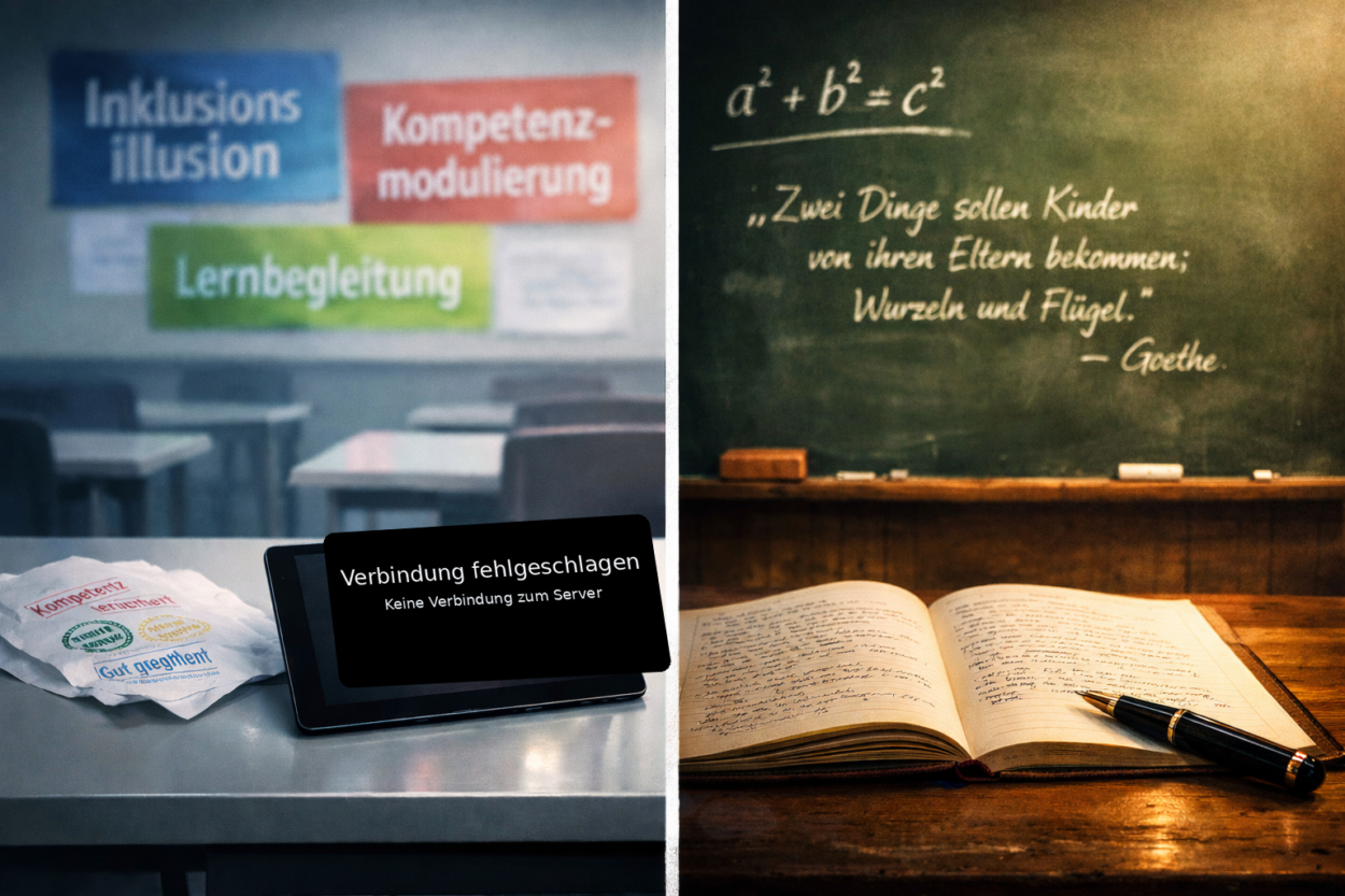 Fotorealistisches Split-Screen-Bild: links ein steriler, digitalisierter Klassenraum mit Tablet und Fehlermeldung („Verbindung fehlgeschlagen“), rechts eine warme Lernszene mit Schiefertafel, Formeln, Zitat sowie Heft und Füller – als Kontrast zwischen Bildungsniedergang und klassischer Wissensvermittlung.