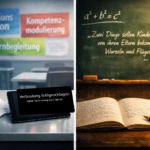 Fotorealistisches Split-Screen-Bild: links ein steriler, digitalisierter Klassenraum mit Tablet und Fehlermeldung („Verbindung fehlgeschlagen“), rechts eine warme Lernszene mit Schiefertafel, Formeln, Zitat sowie Heft und Füller – als Kontrast zwischen Bildungsniedergang und klassischer Wissensvermittlung.