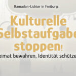 Marine Djonovic (HEIMAT BW) vor blasser Silhouette des Freiburger Münsters. Text über Ramadan-Beleuchtung und den Schutz der eigenen Identität.