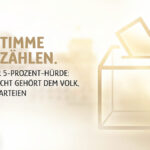 Goldene Silhouette einer Wahlurne mit Stimmzettel vor dem nebligen Reichstagsgebäude in hellem High-Key Design.