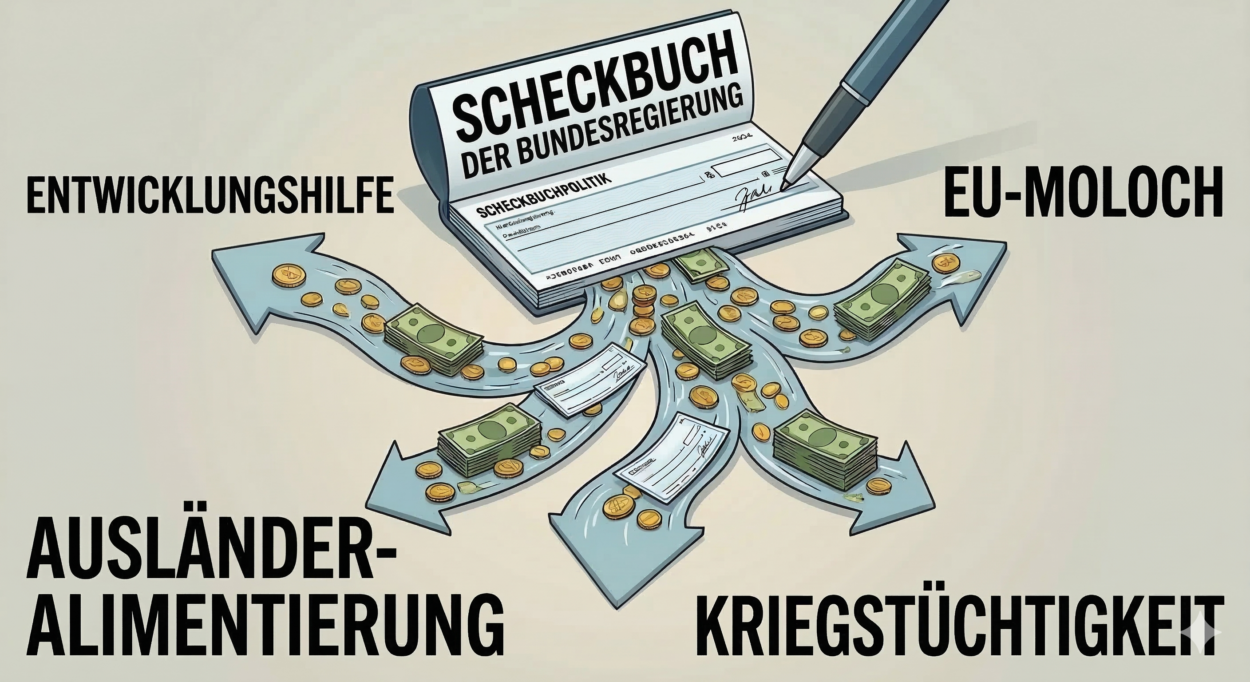 Illustration eines Scheckbuchs mit der Aufschrift „Scheckbuch der Bundesregierung“, aus dem vier breite Geldströme mit Münzen und Scheinen fließen. Die Ströme enden bei den Schlagworten „Entwicklungshilfe“, „EU-Moloch“, „Ausländer-Alimentierung“ und „Kriegstüchtigkeit“ vor einem schlichten, hellen Hintergrund.