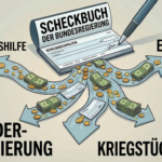 Illustration eines Scheckbuchs mit der Aufschrift „Scheckbuch der Bundesregierung“, aus dem vier breite Geldströme mit Münzen und Scheinen fließen. Die Ströme enden bei den Schlagworten „Entwicklungshilfe“, „EU-Moloch“, „Ausländer-Alimentierung“ und „Kriegstüchtigkeit“ vor einem schlichten, hellen Hintergrund.
