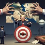 Eine politische Illustration, die Donald Trump als Marionettenspieler vor einer zerstückelten Landkarte des Nahen Ostens zeigt, während er selbst wiederum von Händen in Ärmeln mit US- und israelischen Flaggen kontrolliert wird. Im Vordergrund steht eine Zielscheibe mit der Aufschrift „Iran“; links salutiert eine Figur (es könnte Friedrich Merz sein), rechts ist die Militärbasis Ramstein und ein beschädigtes Buch zum Völkerrecht zu sehen.