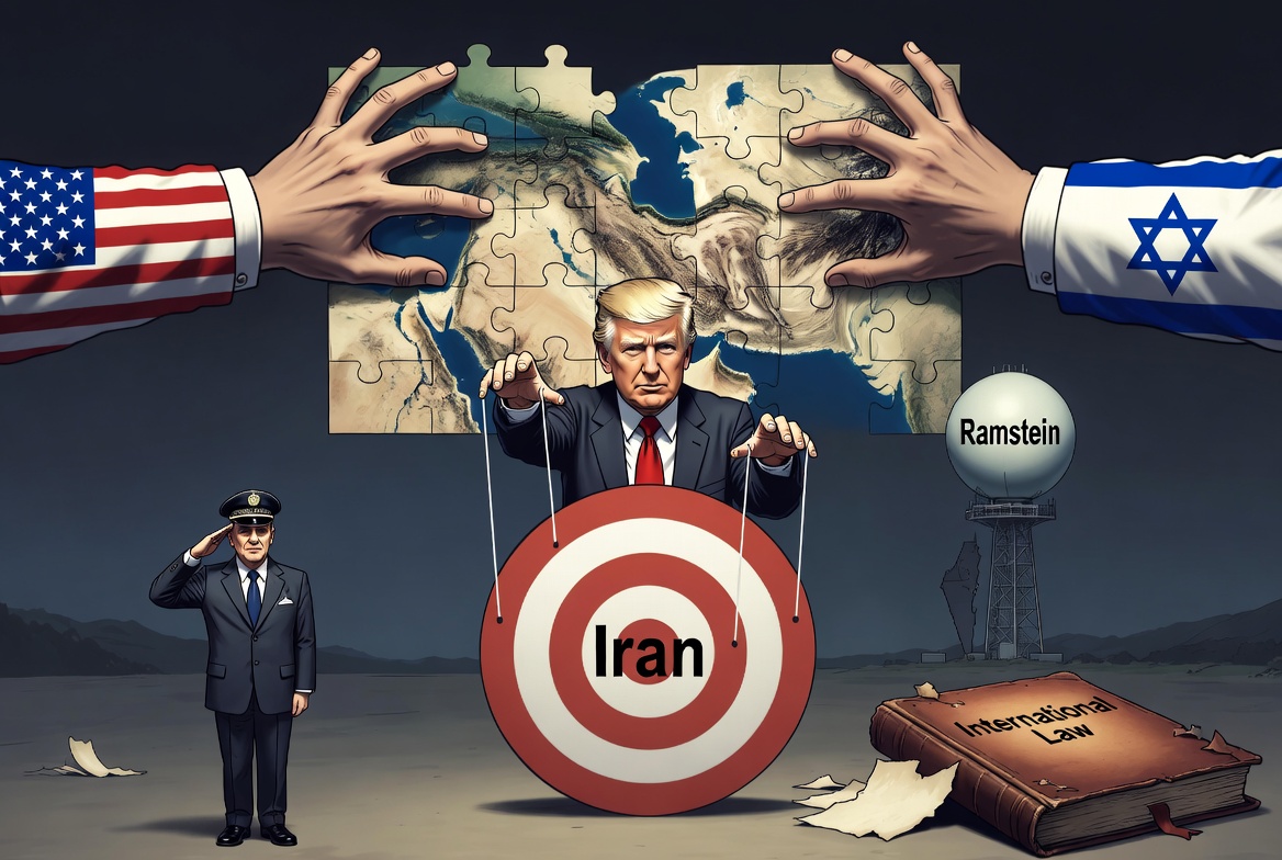 Eine politische Illustration, die Donald Trump als Marionettenspieler vor einer zerstückelten Landkarte des Nahen Ostens zeigt, während er selbst wiederum von Händen in Ärmeln mit US- und israelischen Flaggen kontrolliert wird. Im Vordergrund steht eine Zielscheibe mit der Aufschrift „Iran“; links salutiert eine Figur (es könnte Friedrich Merz sein), rechts ist die Militärbasis Ramstein und ein beschädigtes Buch zum Völkerrecht zu sehen.
