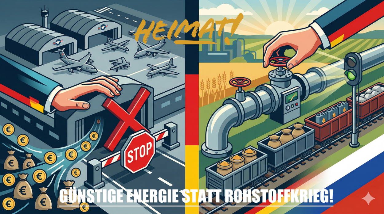 Eine zweigeteilte grafische Illustration: Links wird die Schließung einer US-Militärbasis und das Ende von Zahlungen durch eine Barriere und eine Handbewegung symbolisiert. Rechts wird die Öffnung einer Gas-Pipeline und ein Güterzug mit Rohstoffen gezeigt, unterlegt mit den deutschen und russischen Nationalfarben, um die Normalisierung der Handelsbeziehungen darzustellen.