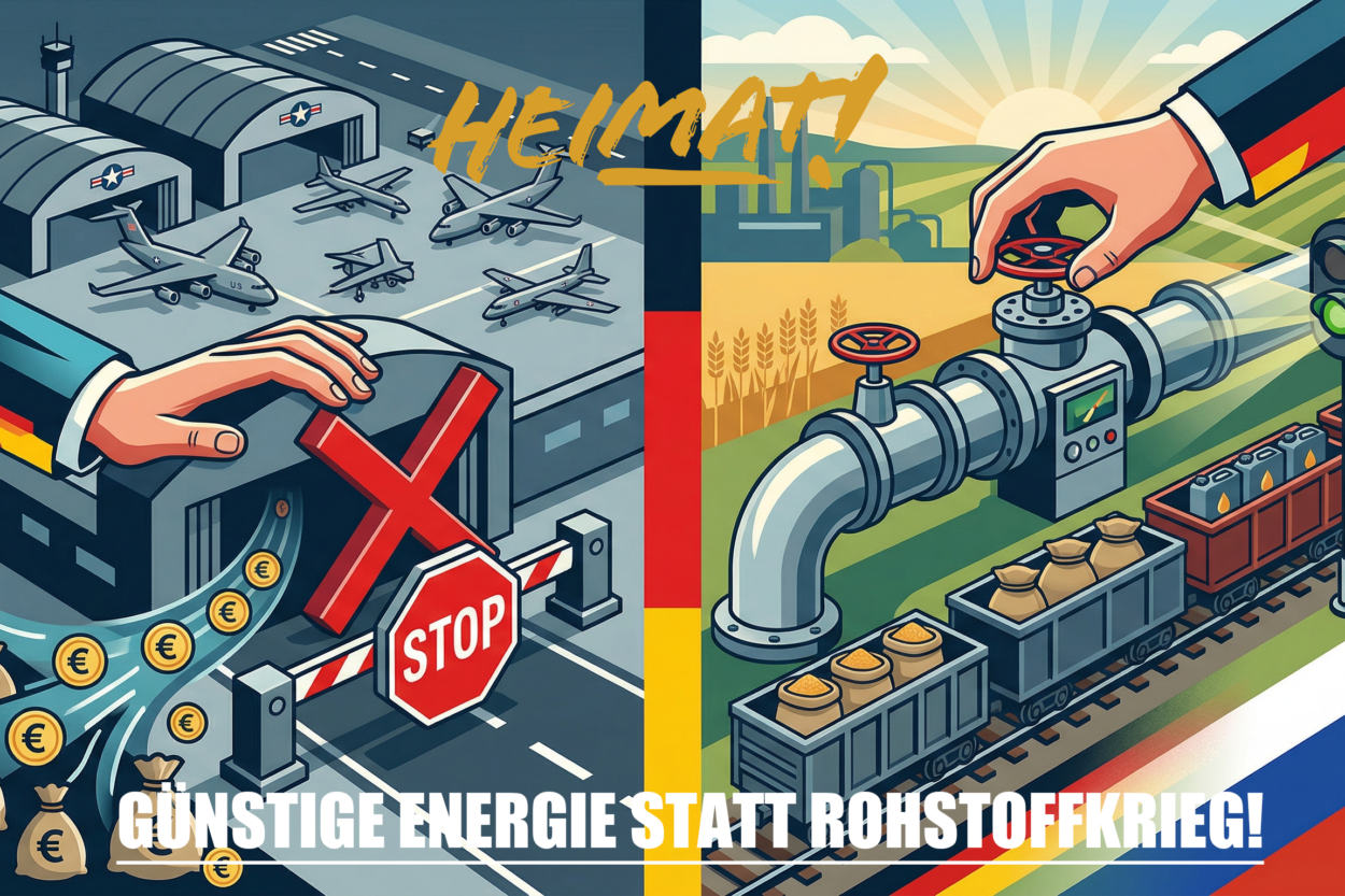 Eine zweigeteilte grafische Illustration: Links wird die Schließung einer US-Militärbasis und das Ende von Zahlungen durch eine Barriere und eine Handbewegung symbolisiert. Rechts wird die Öffnung einer Gas-Pipeline und ein Güterzug mit Rohstoffen gezeigt, unterlegt mit den deutschen und russischen Nationalfarben, um die Normalisierung der Handelsbeziehungen darzustellen.