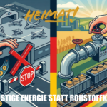 Eine zweigeteilte grafische Illustration: Links wird die Schließung einer US-Militärbasis und das Ende von Zahlungen durch eine Barriere und eine Handbewegung symbolisiert. Rechts wird die Öffnung einer Gas-Pipeline und ein Güterzug mit Rohstoffen gezeigt, unterlegt mit den deutschen und russischen Nationalfarben, um die Normalisierung der Handelsbeziehungen darzustellen.
