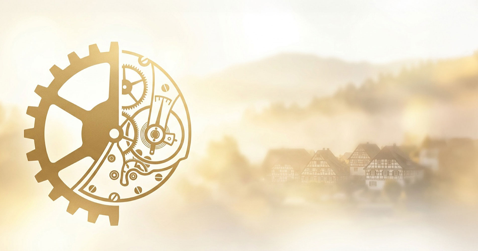 Goldene Silhouette des Heidelberger Schlosses links, im Hintergrund dichte Schwarzwald-Wälder im Sonnenaufgang.