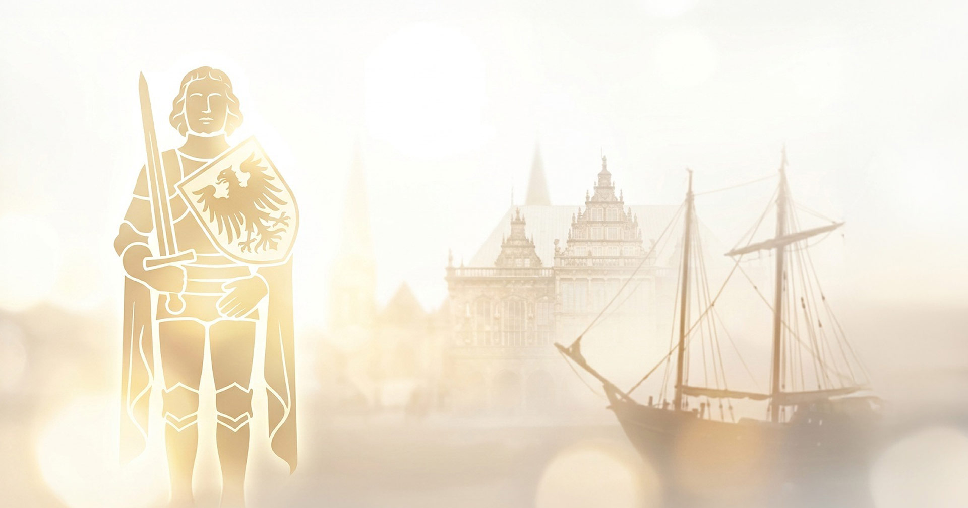 Goldene Silhouette des Bremer Rolands links, im Hintergrund das historische Rathaus und eine Hansekogge auf der Weser.