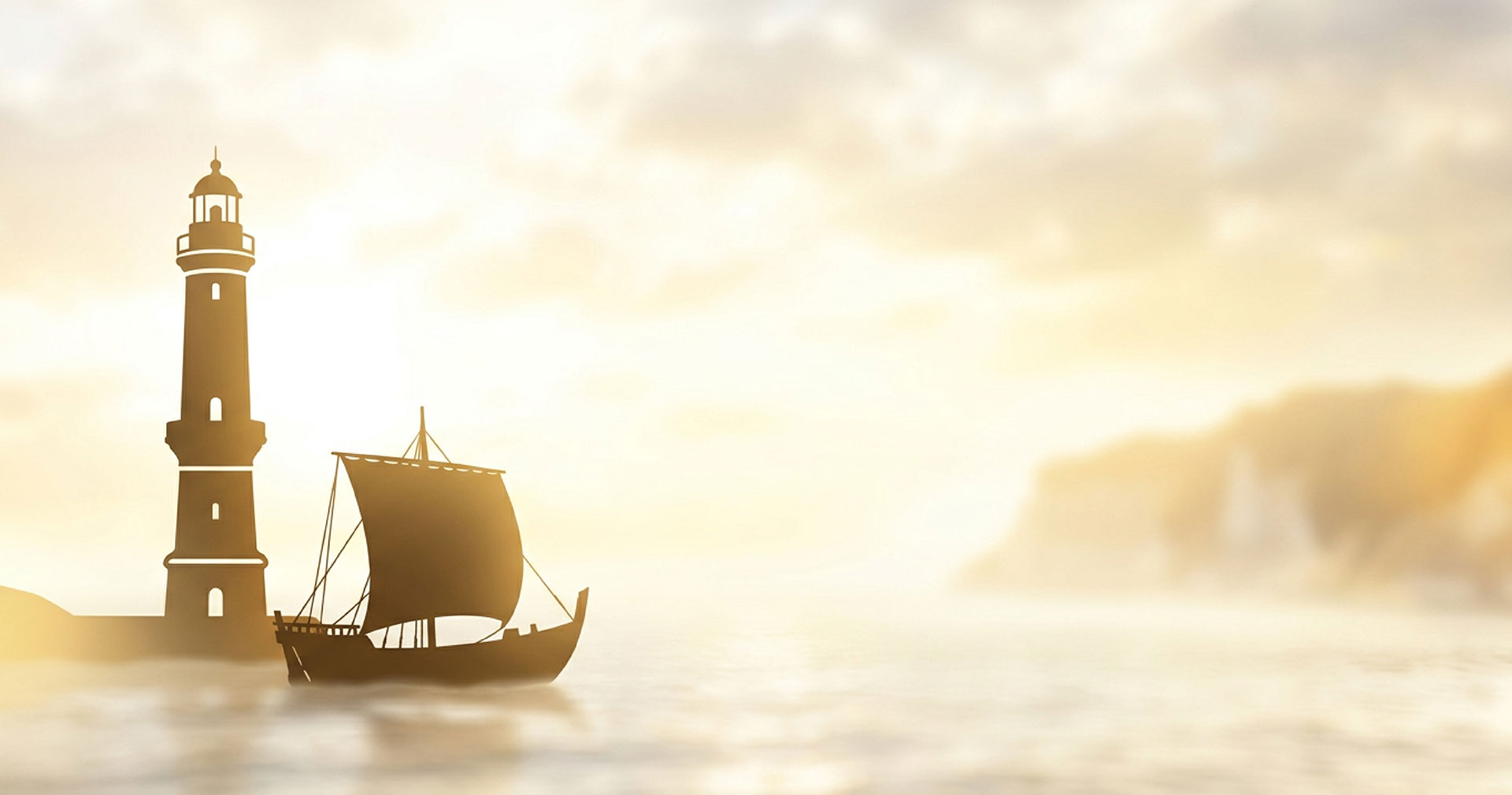 Goldene Grafik des Warnemünder Leuchtturms und einer Hansekogge, im Hintergrund die Kreidefelsen von Rügen.