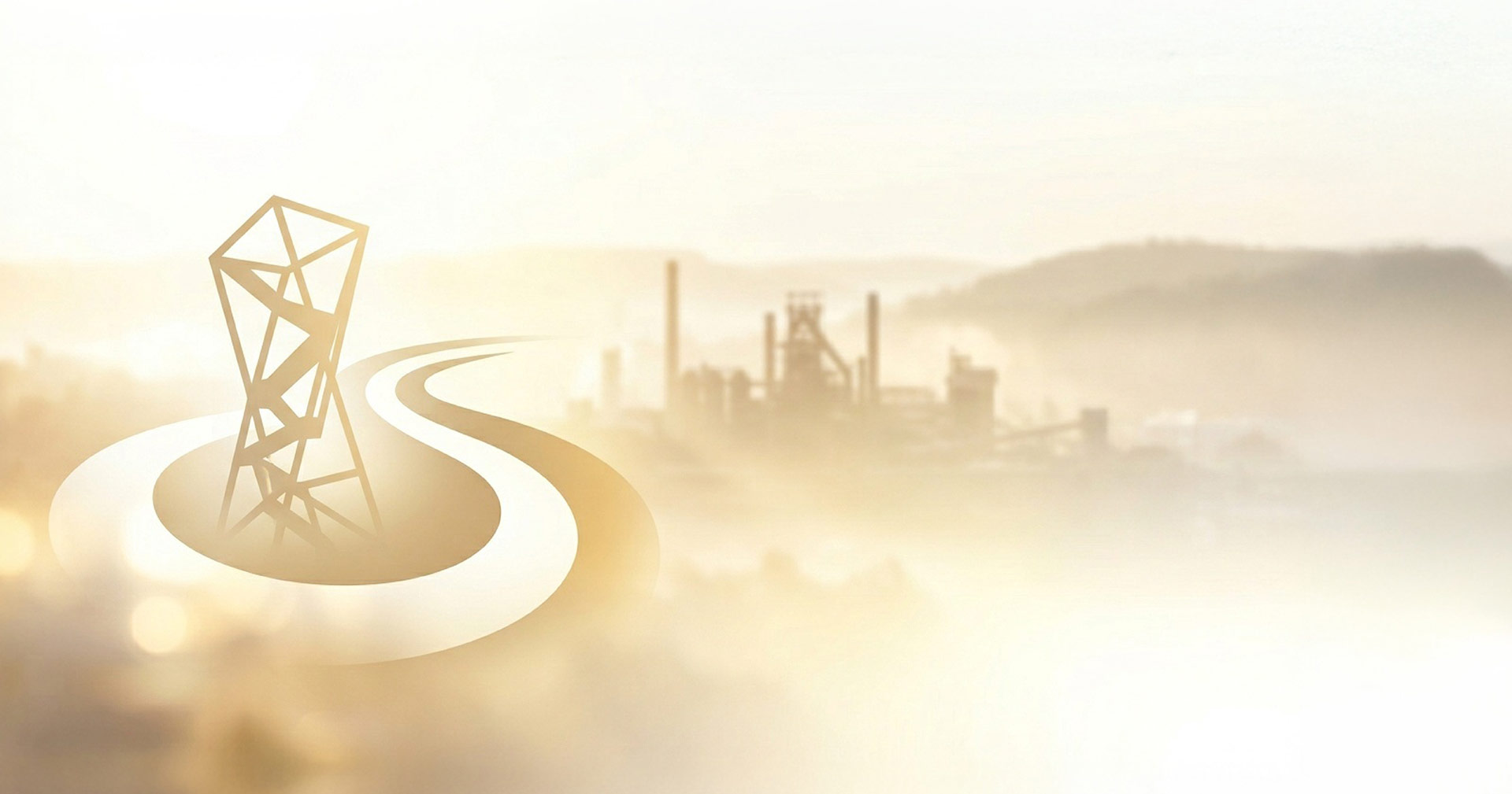 Stilisierte Ansicht der Saarschleife links, im Hintergrund die Silhouette der Völklinger Hütte in Goldtönen.