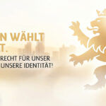 Goldene Silhouette des Hessischen Löwen vor der Frankfurter Skyline in hellem High-Key Design.