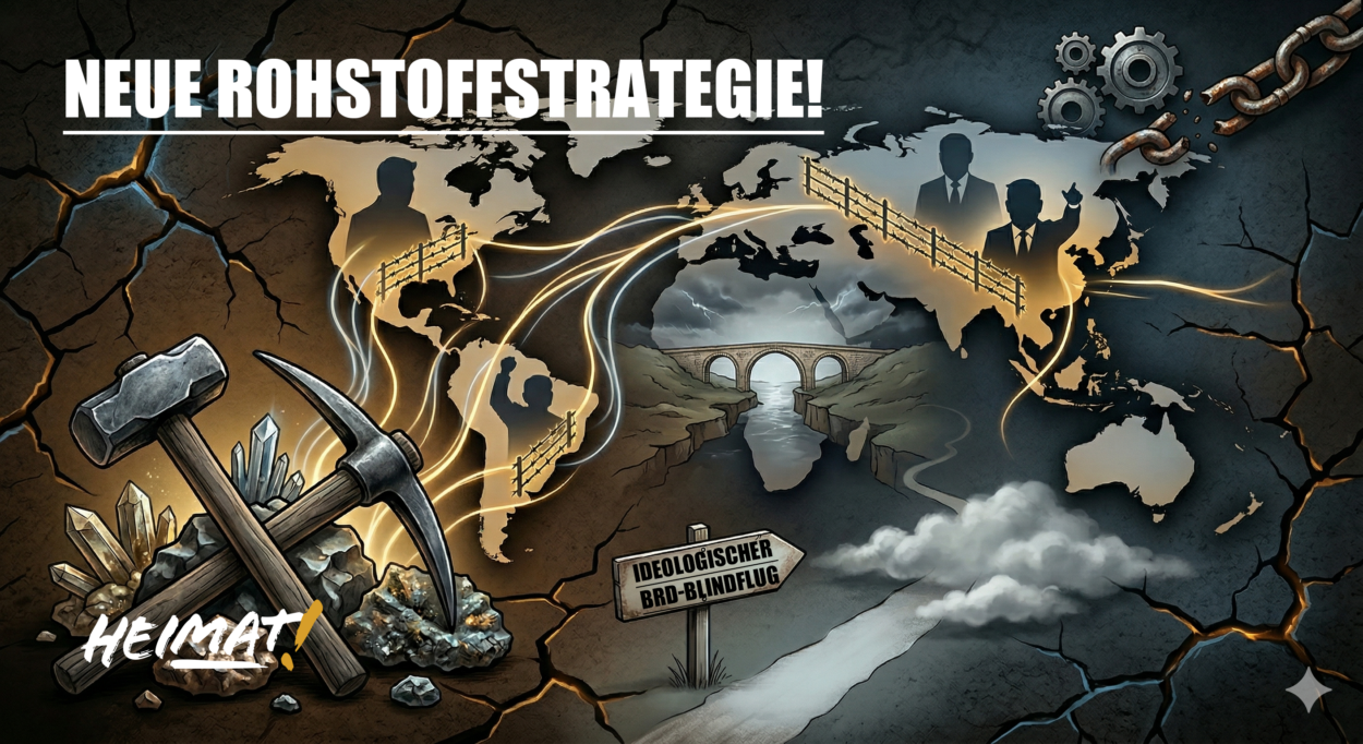 Grafik zur Rohstoffstrategie der Partei DIE HEIMAT mit Weltkarte, Bergbau-Symbolen und Wegweiser „Ideologischer BRD-Blindflug“.