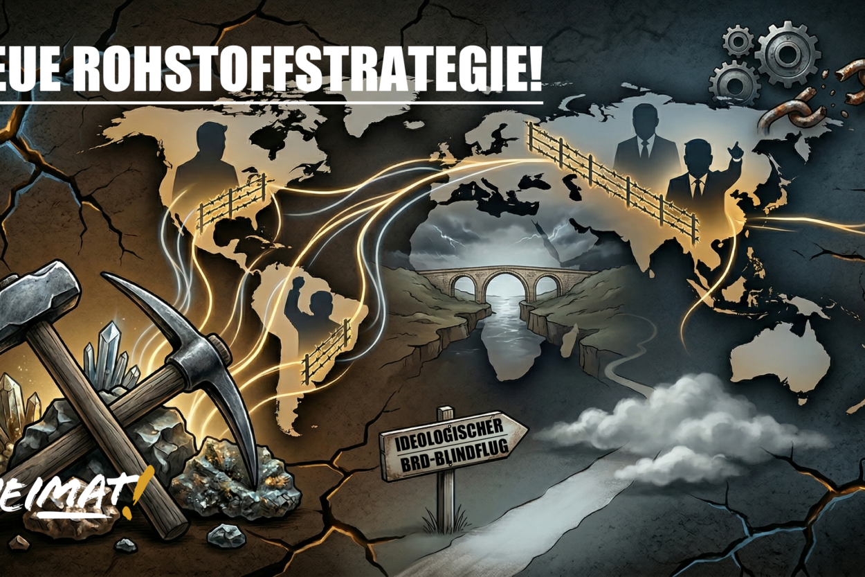 Grafik zur Rohstoffstrategie der Partei DIE HEIMAT mit Weltkarte, Bergbau-Symbolen und Wegweiser „Ideologischer BRD-Blindflug“.