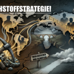 Grafik zur Rohstoffstrategie der Partei DIE HEIMAT mit Weltkarte, Bergbau-Symbolen und Wegweiser „Ideologischer BRD-Blindflug“.