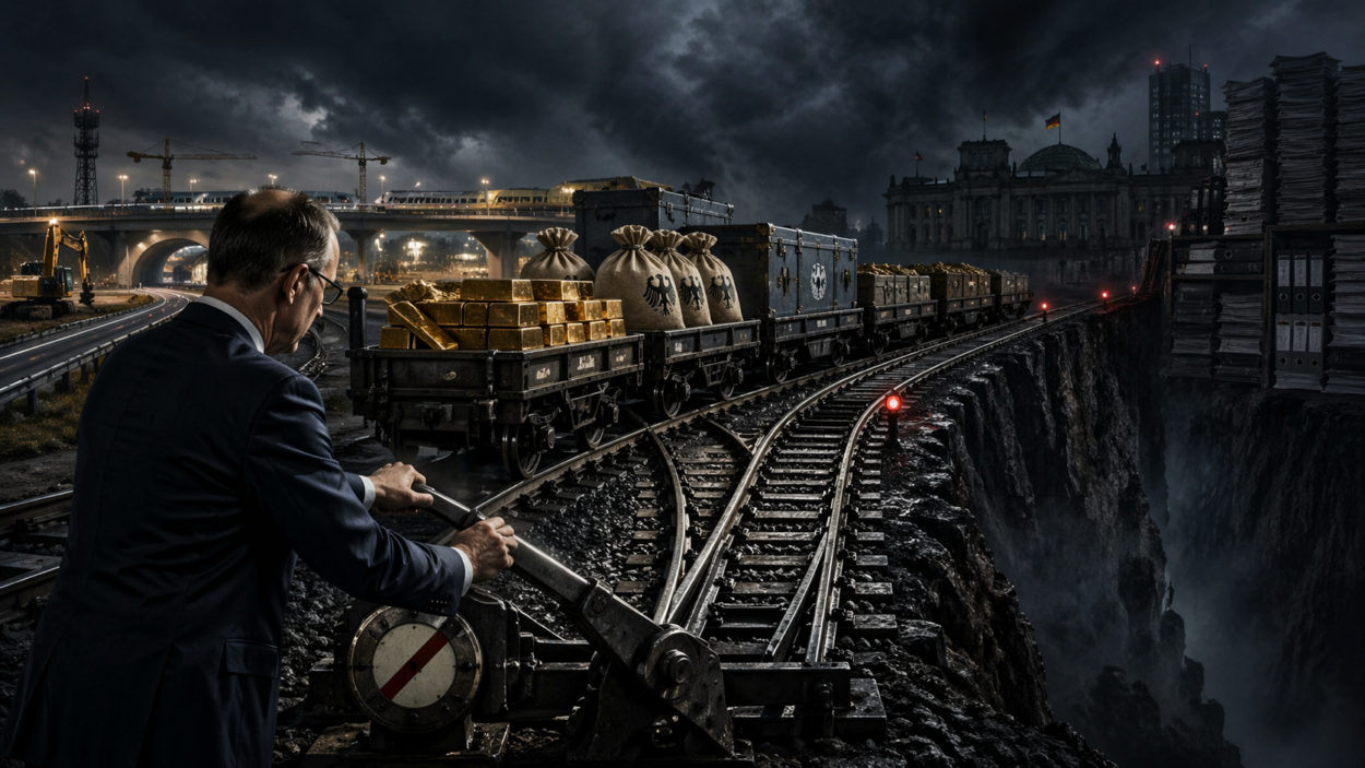 Politische Symbolgrafik: Ein Politiker stellt auf einem düsteren Rangierbahnhof die Weiche, während ein mit Gold und Geld beladener Zug in einen Schuldenabgrund fährt.