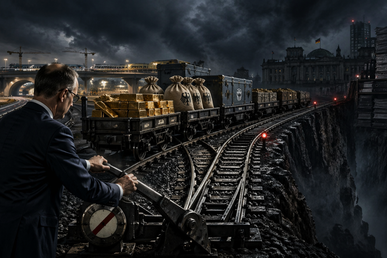 Politische Symbolgrafik: Ein Politiker stellt auf einem düsteren Rangierbahnhof die Weiche, während ein mit Gold und Geld beladener Zug in einen Schuldenabgrund fährt.