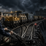 Politische Symbolgrafik: Ein Politiker stellt auf einem düsteren Rangierbahnhof die Weiche, während ein mit Gold und Geld beladener Zug in einen Schuldenabgrund fährt.