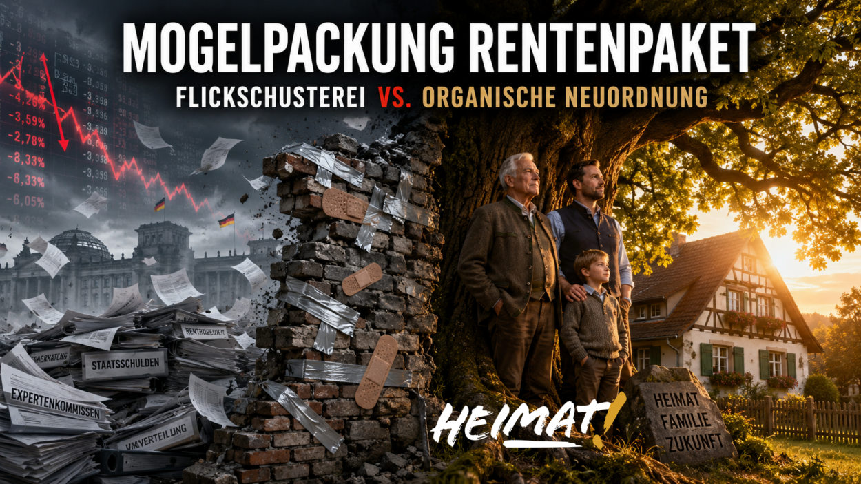 Illustration zum Rentenpaket der Bundesregierung: links ein zerfallendes, mit Klebeband notdürftig geflicktes System aus Aktenbergen, Schulden und fallenden Börsenkursen, rechts eine Familie unter einer Eiche vor einem traditionellen Haus als Symbol für organische Neuordnung, Sicherheit und Zukunft.