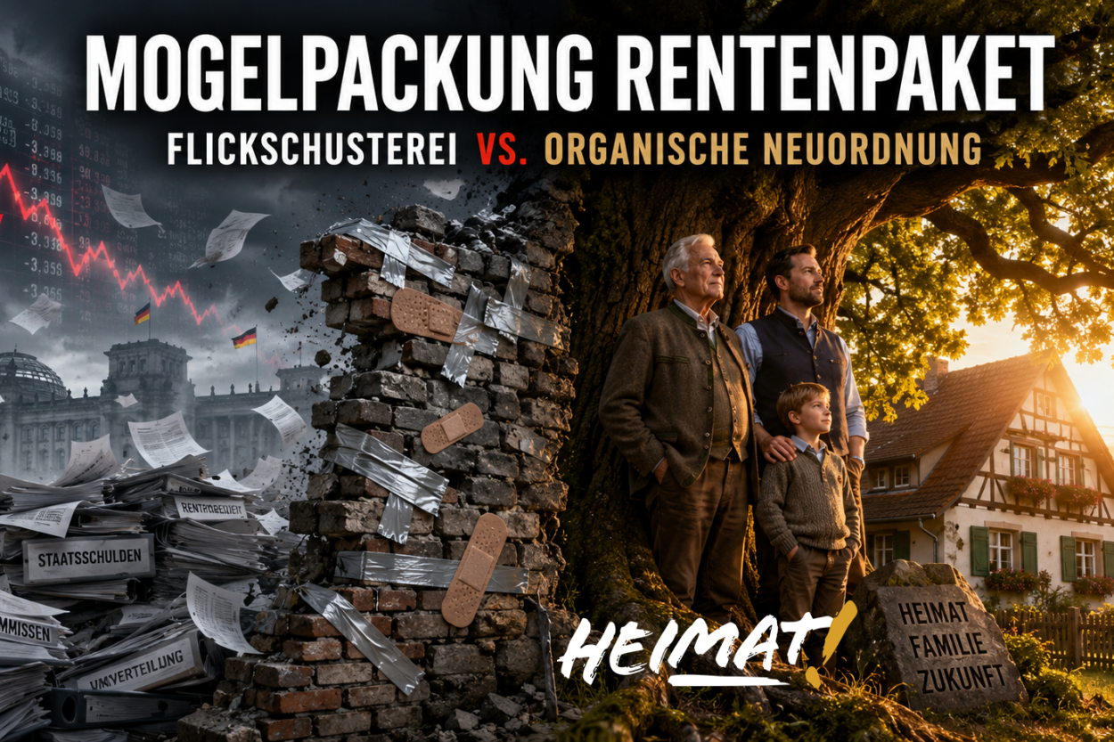 Illustration zum Rentenpaket der Bundesregierung: links ein zerfallendes, mit Klebeband notdürftig geflicktes System aus Aktenbergen, Schulden und fallenden Börsenkursen, rechts eine Familie unter einer Eiche vor einem traditionellen Haus als Symbol für organische Neuordnung, Sicherheit und Zukunft.