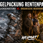 Illustration zum Rentenpaket der Bundesregierung: links ein zerfallendes, mit Klebeband notdürftig geflicktes System aus Aktenbergen, Schulden und fallenden Börsenkursen, rechts eine Familie unter einer Eiche vor einem traditionellen Haus als Symbol für organische Neuordnung, Sicherheit und Zukunft.