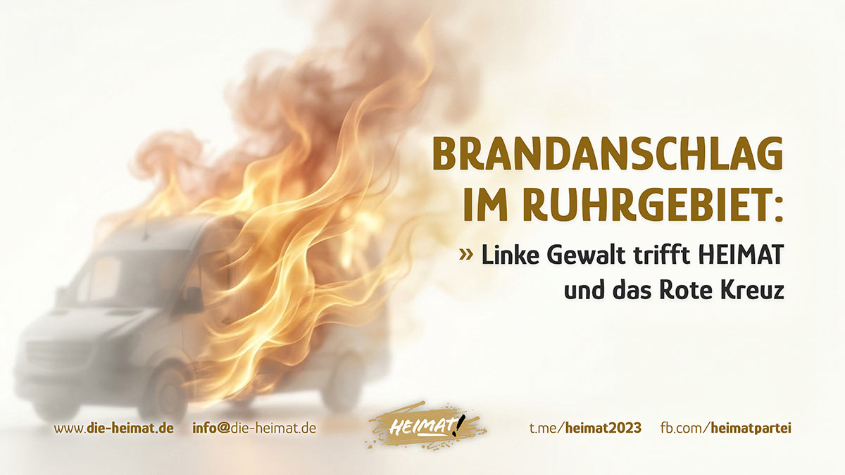 Grafik: Brennender Transporter – Brandanschlag im Ruhrgebiet trifft HEIMAT NRW und das Rote Kreuz