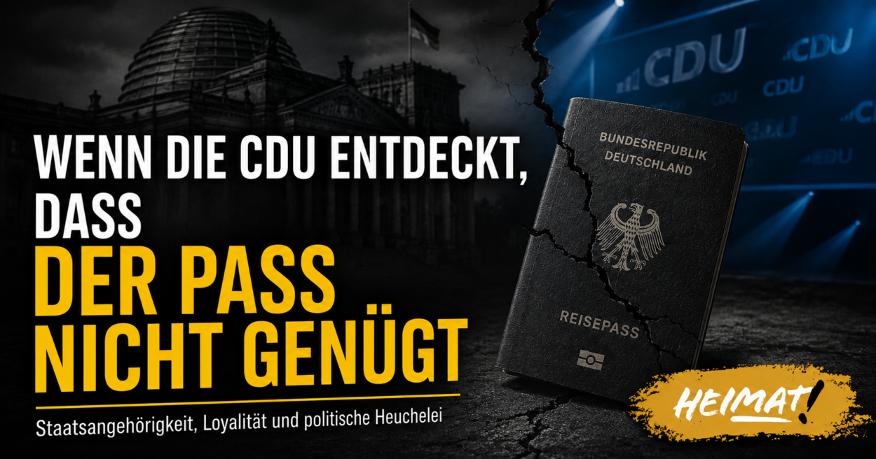 Dunkle HEIMAT-Grafik mit deutschem Reisepass, Reichstagsgebäude und CDU-Hintergrund zur Aussage: „Wenn die CDU entdeckt, dass der Pass nicht genügt“.