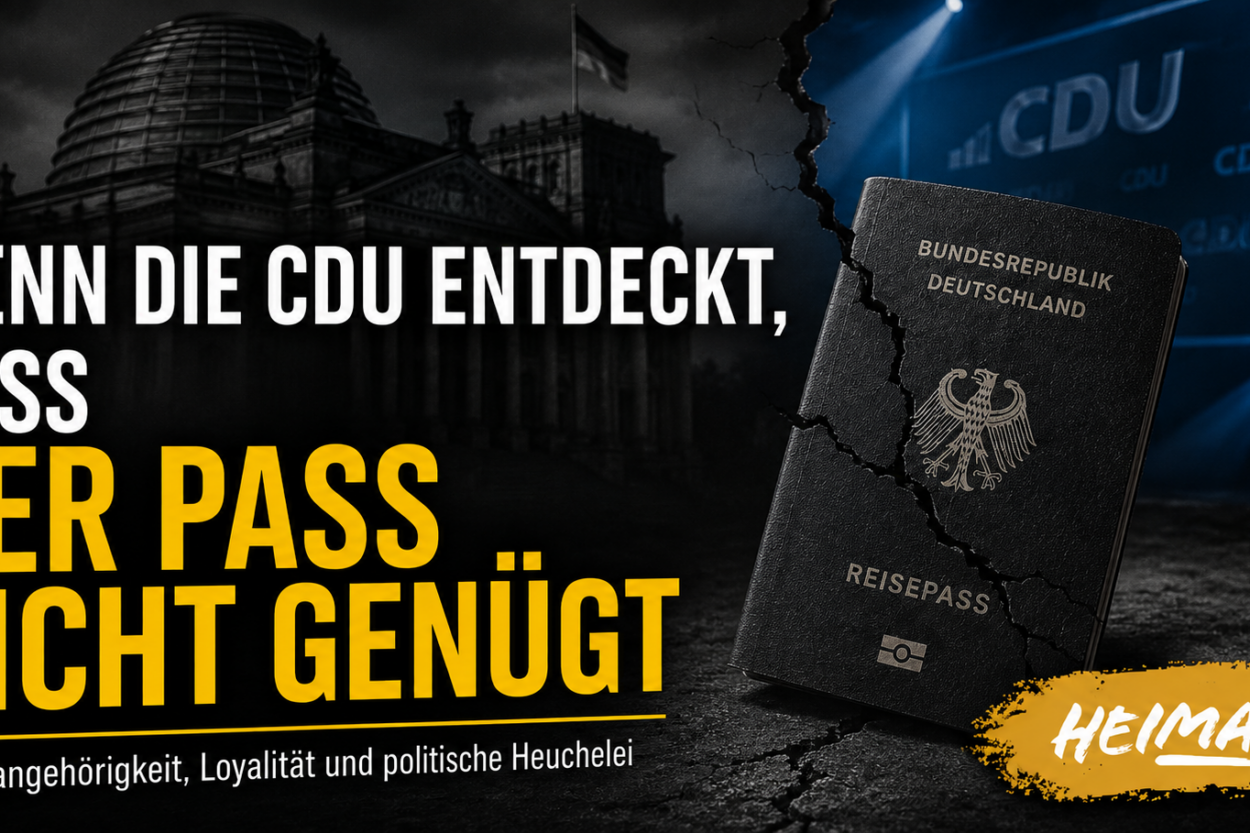 Dunkle HEIMAT-Grafik mit deutschem Reisepass, Reichstagsgebäude und CDU-Hintergrund zur Aussage: „Wenn die CDU entdeckt, dass der Pass nicht genügt“.