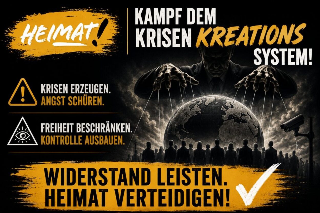 Illustration eines dunklen Puppenspielers, der die Welt an Fäden lenkt. Daneben der Schriftzug „Kampf dem KrisenKREATIONSsystem!“ sowie die Aussagen „Krisen erzeugen. Angst schüren. Freiheit beschränken. Kontrolle ausbauen. Widerstand leisten. Heimat verteidigen!“.