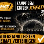 Illustration eines dunklen Puppenspielers, der die Welt an Fäden lenkt. Daneben der Schriftzug „Kampf dem KrisenKREATIONSsystem!“ sowie die Aussagen „Krisen erzeugen. Angst schüren. Freiheit beschränken. Kontrolle ausbauen. Widerstand leisten. Heimat verteidigen!“.