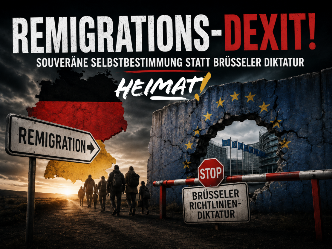 Beitragsbild zum Artikel „Remigrations-DEXIT“: Deutschlandkarte in Schwarz-Rot-Gold, Wegweiser „Remigration“ und eine durchbrochene EU-Mauer vor dem Europäischen Parlament.