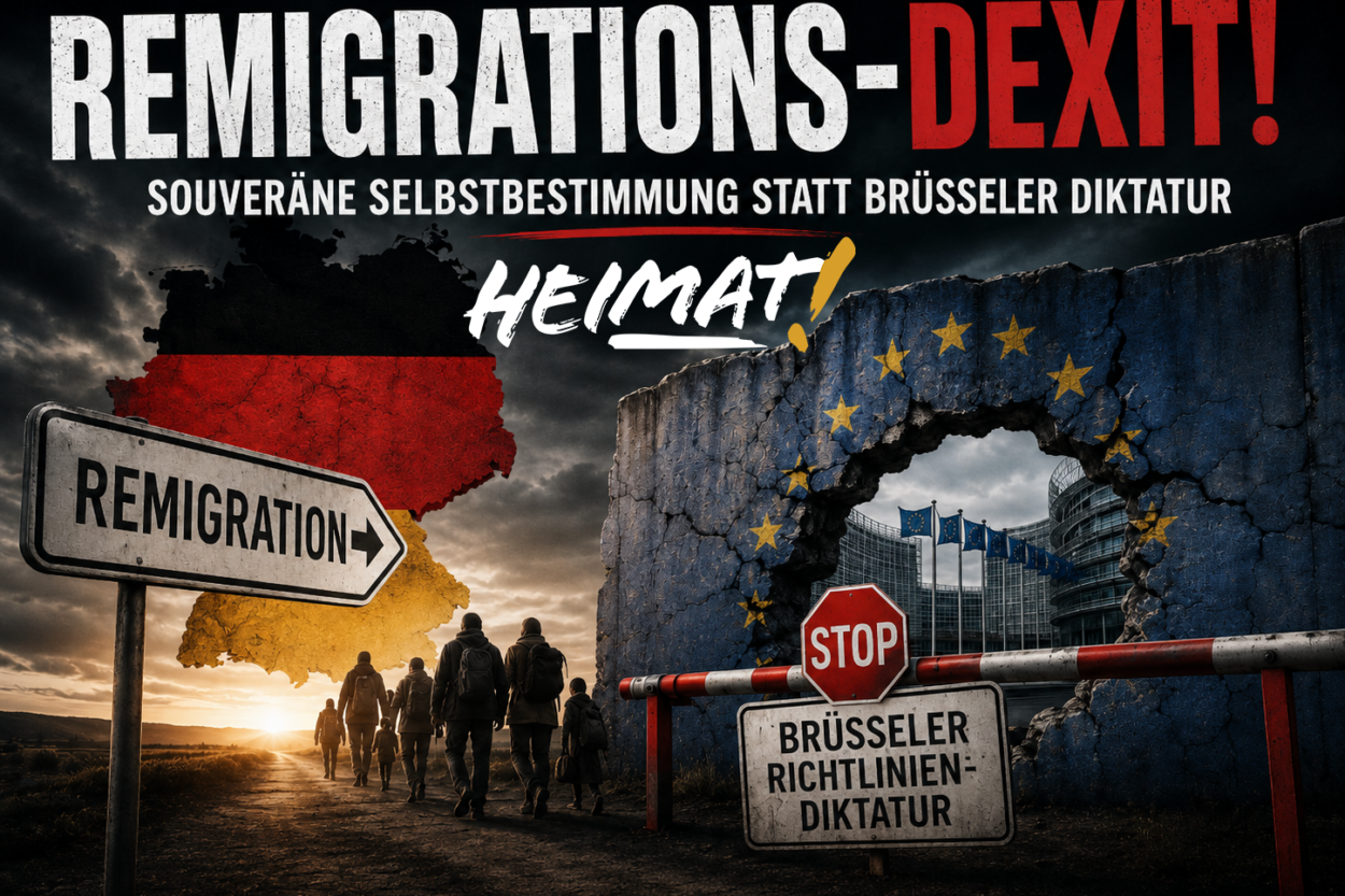 Beitragsbild zum Artikel „Remigrations-DEXIT“: Deutschlandkarte in Schwarz-Rot-Gold, Wegweiser „Remigration“ und eine durchbrochene EU-Mauer vor dem Europäischen Parlament.