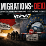 Beitragsbild zum Artikel „Remigrations-DEXIT“: Deutschlandkarte in Schwarz-Rot-Gold, Wegweiser „Remigration“ und eine durchbrochene EU-Mauer vor dem Europäischen Parlament.