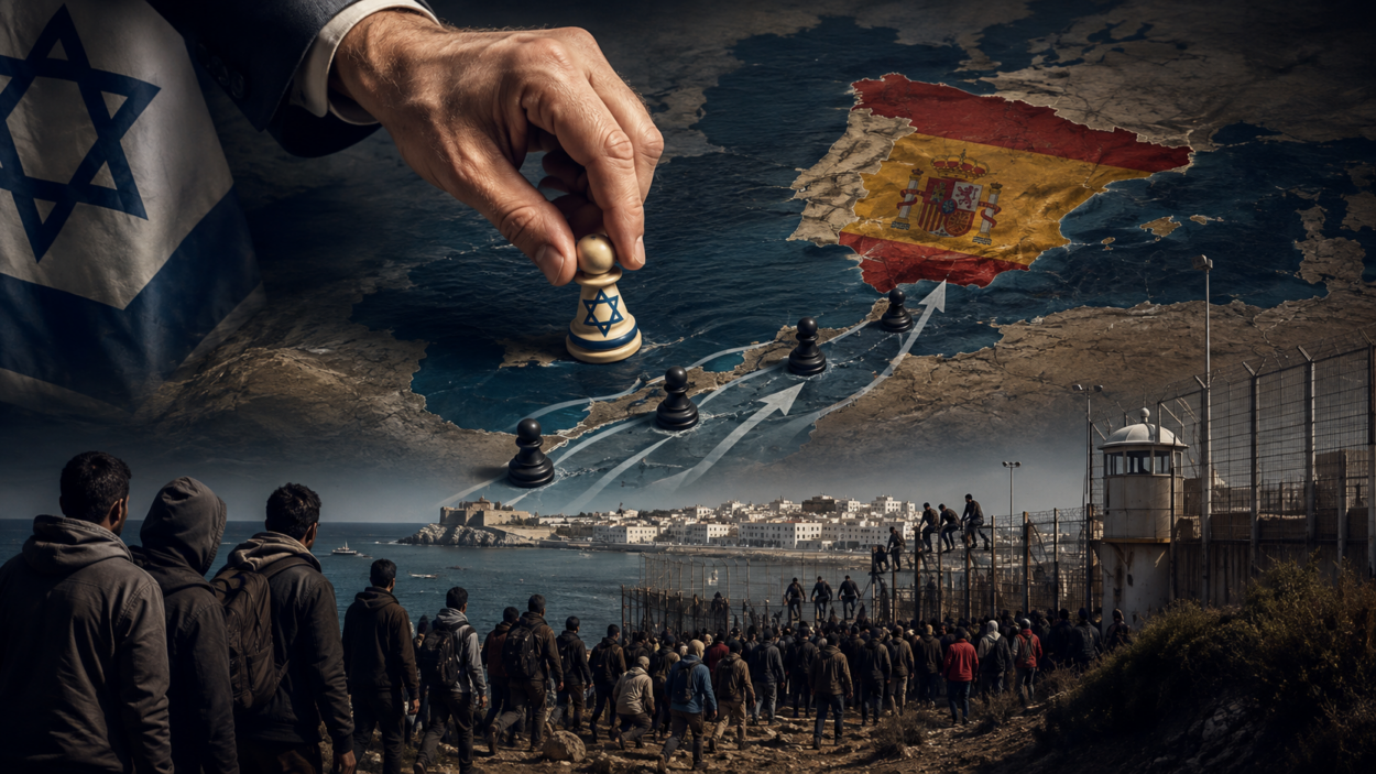 KI-generiertes Symbolbild zur Ceuta-Krise: Eine Hand mit israelischer Symbolik bewegt eine Schachfigur auf einer Karte in Richtung Spanien, während Migranten auf eine Grenzanlage zulaufen.