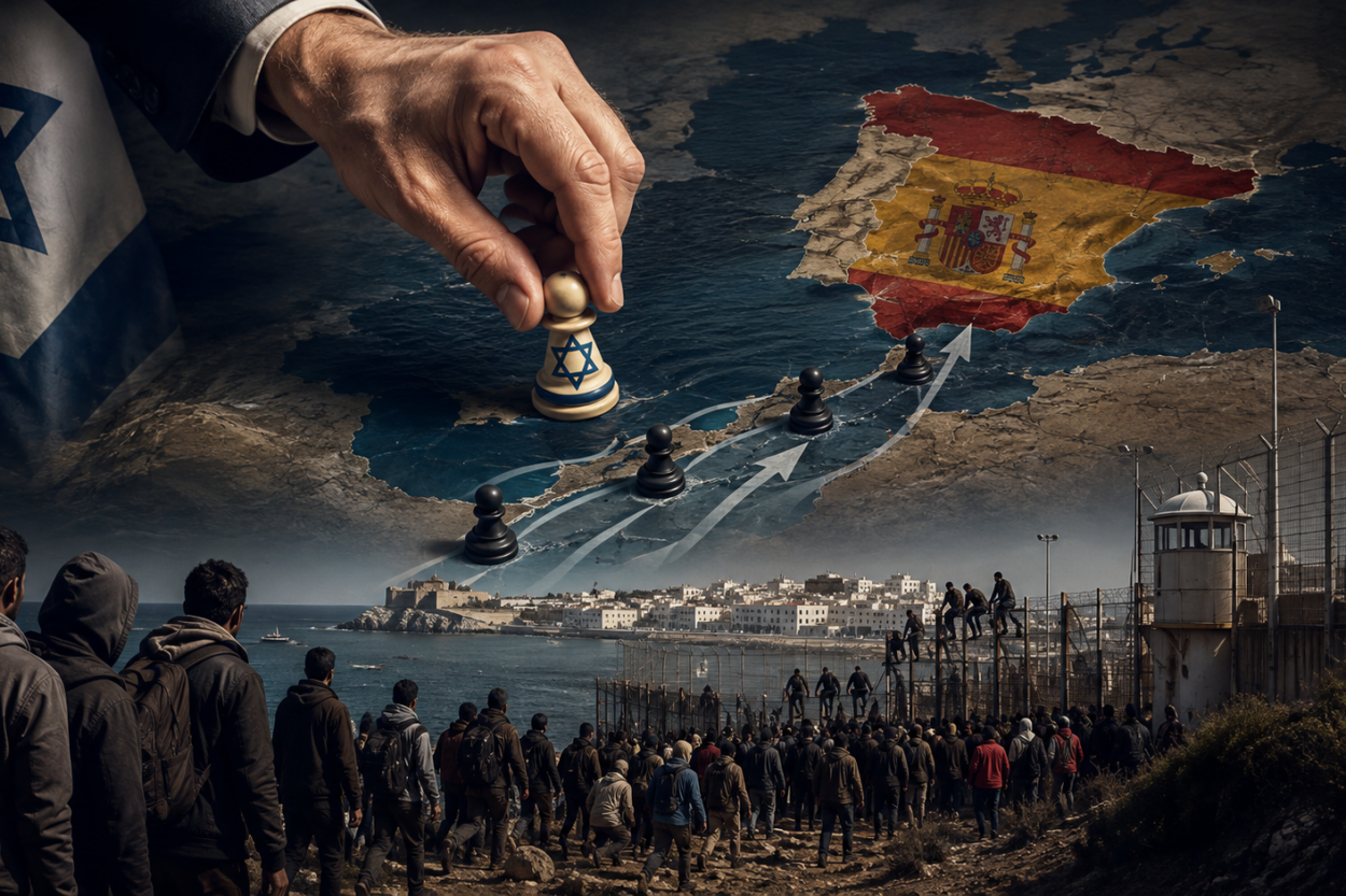 KI-generiertes Symbolbild zur Ceuta-Krise: Eine Hand mit israelischer Symbolik bewegt eine Schachfigur auf einer Karte in Richtung Spanien, während Migranten auf eine Grenzanlage zulaufen.