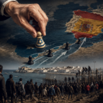 KI-generiertes Symbolbild zur Ceuta-Krise: Eine Hand mit israelischer Symbolik bewegt eine Schachfigur auf einer Karte in Richtung Spanien, während Migranten auf eine Grenzanlage zulaufen.